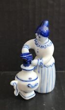 Vintage Gzhel Woman Drying Shoe On Stove - Porcelain USSR Hand Painted Figurine picture