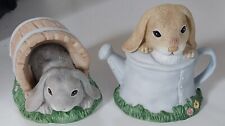 Playful Bunnies in Barrel & Teapot Easter Figurine Ceramic Set of 2 14062-99 picture