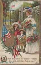 Patriotic Postcard Memorial Today Mom + Girls American Flag + Flowers  picture