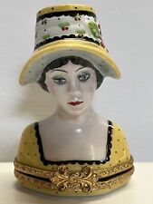 Limoges France Yellow Hat Lady HP Trinket Box Peint Main Farlin’s Mom Gift Vtg picture