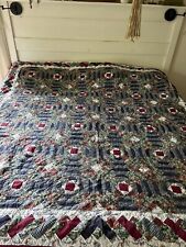Vintage Log Cabin Quilt Cotton 80” Square Blues Green Red Hand Quilted picture