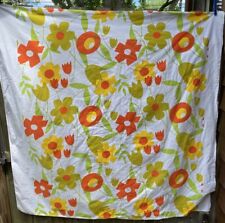 Vintage 60s Square Flower Power Orange Yellow Green White Cotton Tablecloth 53” picture