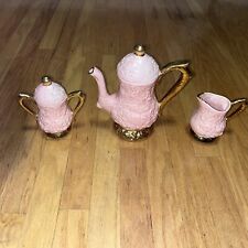 Vintage Pink Floral Embossed Glazed Ceramic Tea Pot Sugar Cream Set Gold Trim picture