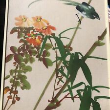 Vintage Japanese Paint on Silk Art Green Bird and Flowers Framed  .... picture
