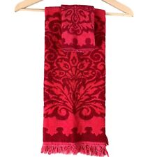 Vintage Towel Wash Cloth Set St Marys Red Pink Baroque Fringe Ends 36x24 12x11 picture
