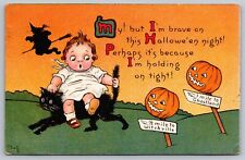 Postcard Halloween Baby Sitting Black Cat Tail JOL Flying Witch picture