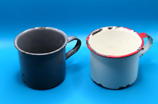 2 Vintage Enamelware Metal Mugs Cups - White & Grey picture