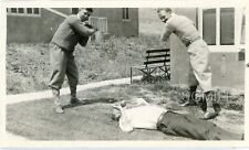 B23 Antique Photo Brave Man Lying on Ground Apple on Mouth Swingers Ready picture