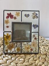 Vintage Metal & Clear Glass w/Pressed Flowers Picture Frame, 2.5x2.5 In Photo picture