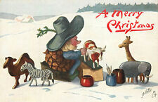 Tuck Christmas Postcard C1883 Pine Cone Man Sits in Snow Painting Toy Animals picture