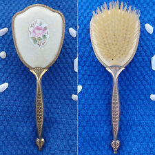VINTAGE Made in England Art Deco Hairbrush Needlepoint Gilded Floral Laced picture