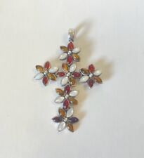 Silver Floral Cross w/ Semi-precious Gems picture