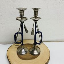 Trumpet Brass Candle Holder Pair Set 10”x3.5” picture