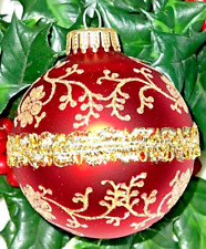 ELEGANT Vintage KREBS Mercury Glass RED W/ GOLD RIBBON GLITTER Christmas Ball picture