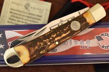 MADE IN USA QUEEN CUTLERY CO GENUINE BURNT STAG FULL SIZE TRAPPER KNIFE (16031) picture