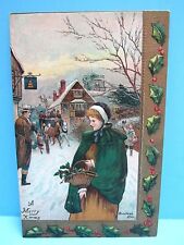 VTG 1900's EMBOSSED GOLD LEAF TRIM PC - WOMAN & BASKET ON CHRISTMAS EVE NOS-GMNY picture