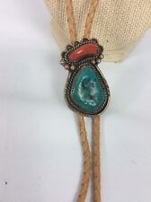 Beautiful old pawn Native American Navajo Silver turquoise Coral Bolo Tie picture