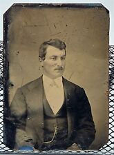Handsome Man Mustache Lapel Chain Parted Hair Seated Tintype Antique Photo picture