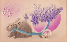 Vintage Easter Greetings Postcard Early 1900s Bunny Rabbit Pulling Pink Wagon picture