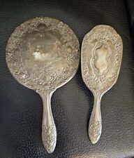 Vintage Silver Plate Ornate Floral Vanity Hand Mirror Matching Brush picture