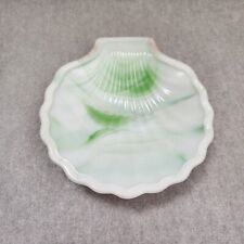 Vtg Akro Agate Slag Glass Scallop Shell Dish Green White Swirl USA picture