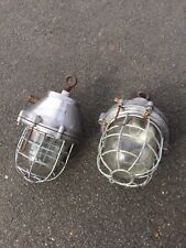 Vintage Pair Polished Industrial Cage Lamps Steel , Ceiling Loft Bar picture