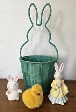 VINTAGE Easter Basket Decor Eggs Bunny Chick Ornaments Figurines 3 Piece Lot picture