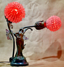 Vintage Art Deco Nouveau Nude Bronze Table Lamp Twin Red Bulbs w/ Jeweled Shade picture