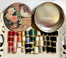 VTG Lot/44 WOODEN THREAD SPOOLS Floral Sewing Tin Corticelli Star Coats & Clarks picture