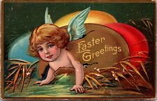 Embossed Easter Postcard Cherub Angel Hatching From Colored Eggs~138699 picture