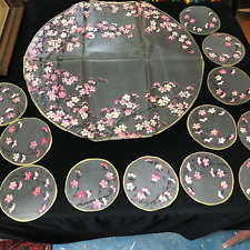 ANTIQUE JAPANESE PAINTED SILK CHERRY BLOSSOM DECORATED TABLECLOTH PLACE SETTING picture