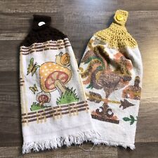 Vintage 70s Crochet Kitchen Hand Towels Mushroom & Rooster Set Of 2 Dish Towels picture