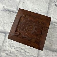 Vintage Hand Carved wooden box with hinged lid, Felt Inside. 3” By 3” By 2” picture