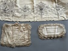 Antique Heavy Linen Cut White Drawn Work Lacy Embroidered Tablecloth & Placemats picture