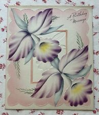 Vintage 1940s UNUSED Birthday Purple Orchids on Pale Pink Embossed Greeting Card picture
