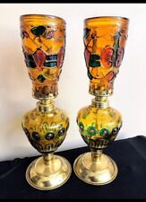 Pair Of Vintage Multi-colored Glass Kerosene / Oil Lamps 14