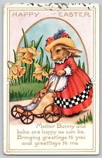 Postcard Easter Anthropomorphic Rabbit Bunny Mother & Child In Stroller picture