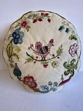 Vintage Decorative Pillow Round Crewel With Flowers and A Partridge 13