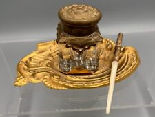 Antique Vintage Ornate Intricate Brass Inkwell Ink Stand Desk Decor  W/ Dip Pen picture