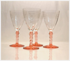 4 Vintage Pink / Clear Etched Wine Glasses / Goblets by Central Glass Works picture