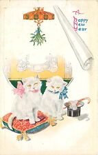 Embossed New Year Postcard 101. 2 White Cats under Lamp w/ Mistletoe, Posted picture