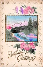 Birthday Card Woodblock Mill River Birds Airbrushed Faux Frame Vtg Postcard D45 picture