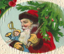 C.1910 Christmas Santa Carrying Tree Sword Doll Hand Paint Embossed Vtg Postcard picture