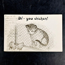 ANTIQUE 1911 FRED CAVALLY POST CARD KITTEN CHICKS OH - YOU CHICKEN POSTCARD picture