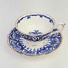 Coalport Tea Cup and Saucer Blue White Vines Swags Garlands Gold Trim Vintage picture