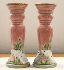 Pair of Majolica Style Ceramic Easter Bunny Rabbit Candle Holders ~ 8