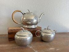 Vintage QUEENS ART PEWTER Rattan Wicker Tea Set Danish Handmade Teapot picture