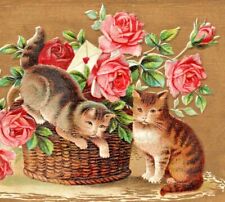 c1907 New Year's Cats, playful, roses vintage postcard embossed cute picture