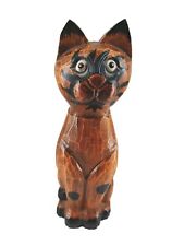 Kitschy Hand Carved Wooden Sitting Cat Figurine Sculpture Orange& Black 11