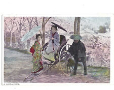 c1910s A Jinrikisha In Japan With Cherry Blossoms Hand Colored Postcard UNPOSTED picture